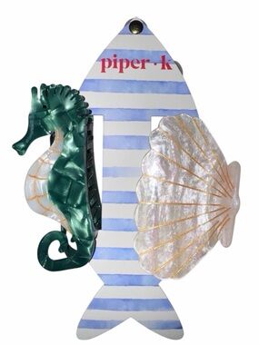 Piper K Nautical Seahorse & Sea Shell Hair Clip Set - Green & Pearl